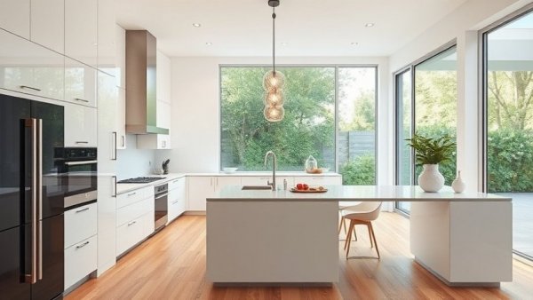 Luxury kitchen design trends 2026, modern white kitchen, elegant decor.