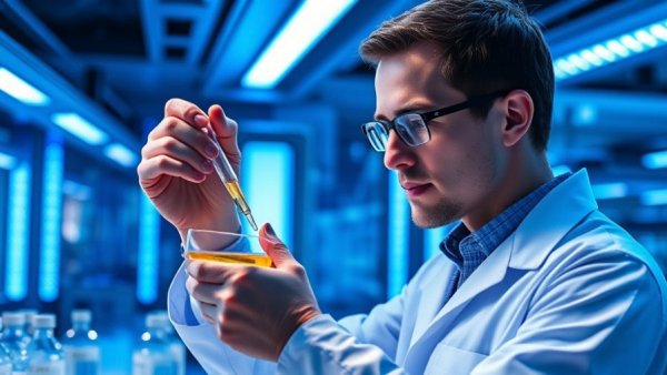 Scientist in lab conducting pathogen-agnostic testing in blue lighting.