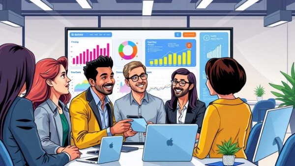 Professionals discussing online loyalty platforms in a colorful office