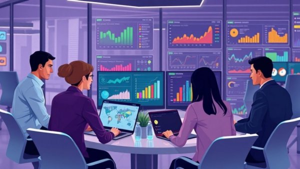 Team discussing online loyalty platform benefits with data charts.