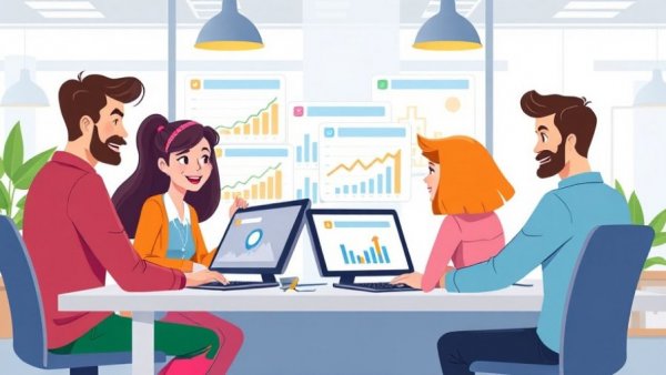 Illustration of team discussing online loyalty platform benefits.