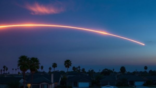 Efecto medusa SpaceX in twilight sky over suburban homes.