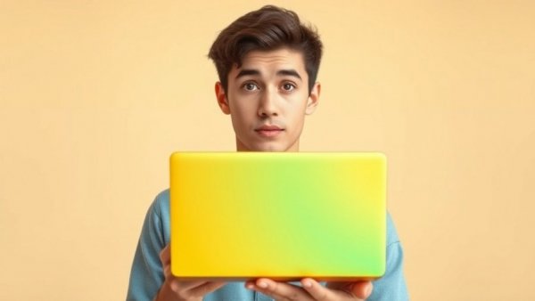 Young man examining a vibrant Macbook Neo with a $599 price tag.