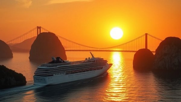 Cruise ship under bridge near Japanese pirate islands at sunset.