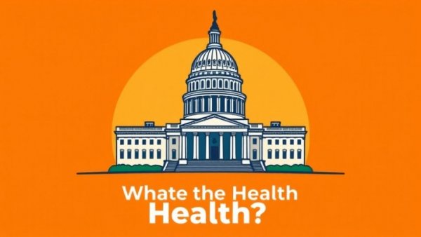 Illustration of Capitol building with 'What the Health?' on orange background.