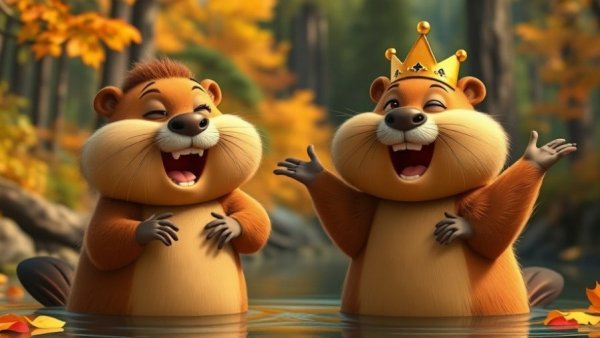 Pixar Hoppers environmental movie: Joyful beavers in a forest.