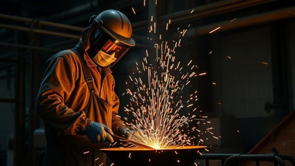 Industrial worker handling molten metal in factory, sparks flying.