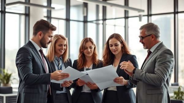 Business professionals collaborating in modern office discussing benefits of payroll firms.