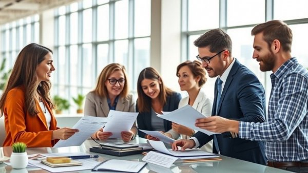 Business team discussing benefits of a payroll firm in a modern office.