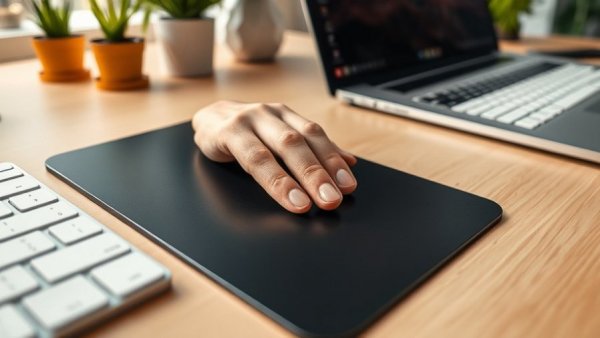 Modern workspace with ergonomic touchpad and laptop.