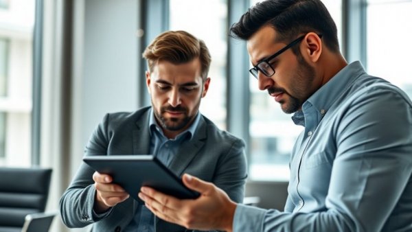 Two men analyzing stock data on a tablet in a modern office setting.