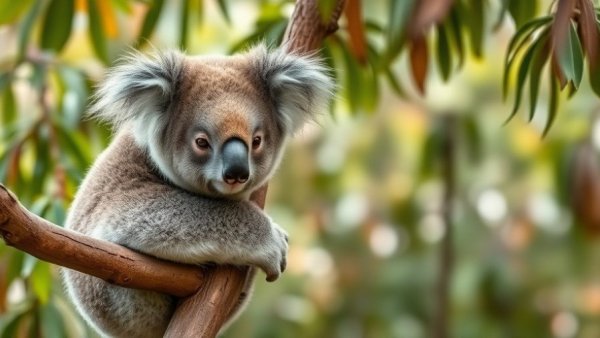 Fluffy koala on a tree, serene in eucalyptus forest, Wildlife on Raymond Island.