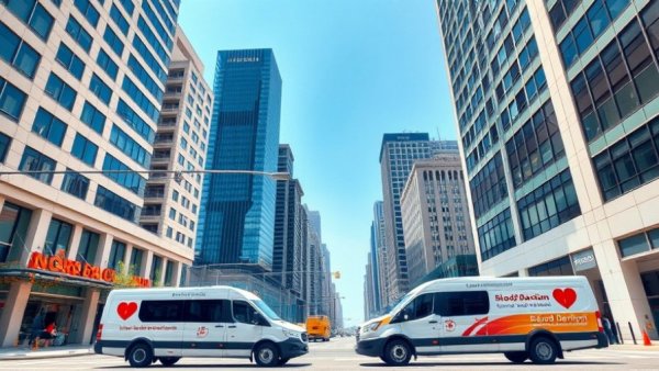 Blood donation buses parked on Austin street with skyscrapers.