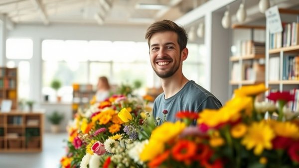 Young entrepreneur at flower stand, engaging with customer. AI Tools for Student Entrepreneurs.