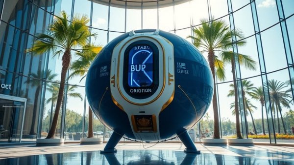 Blue Origin spacecraft in a modern atrium at Space Coast expansion.
