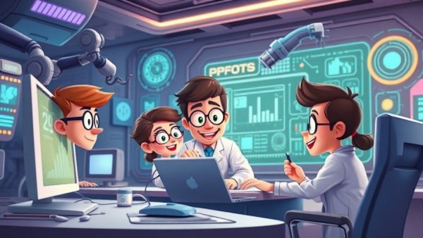 Micron Technology AI Growth depicted with cartoon scientists and robots.