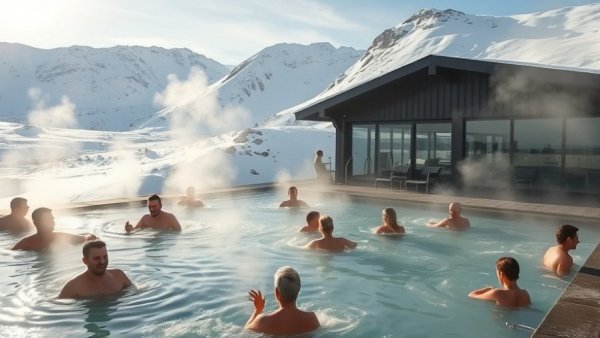 Geothermal spa in Iceland with snowy mountains and steam.