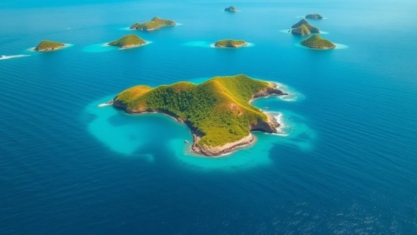 Vivid green low-lying islands threatened by rising sea levels, captured in photorealistic style.
