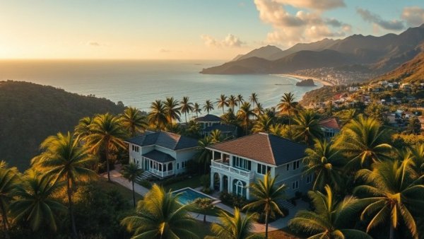 Aerial view of luxury Oahu beachfront homes amidst lush greenery.