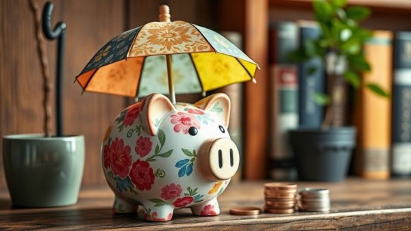 Floral piggy bank under colorful umbrella symbolizing safe haven assets.