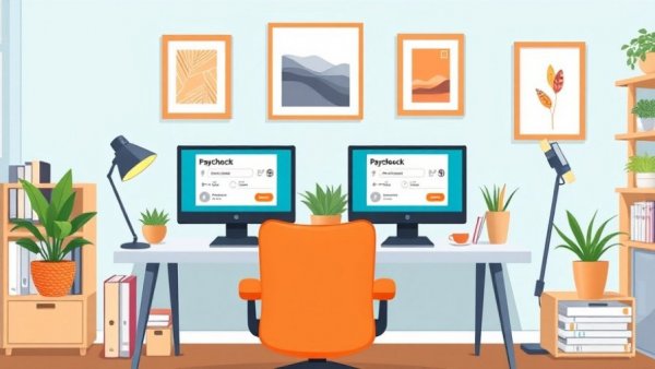 Online paycheck on computer at modern office desk.