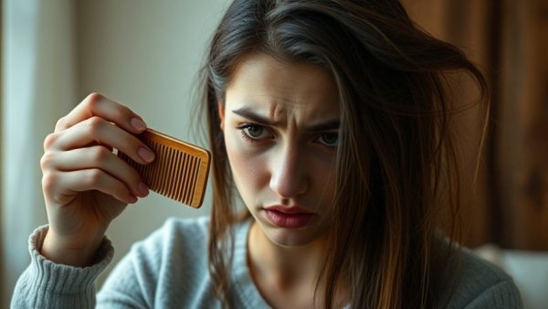 Worried woman holding a comb and hair strands, addressing hair fall.
