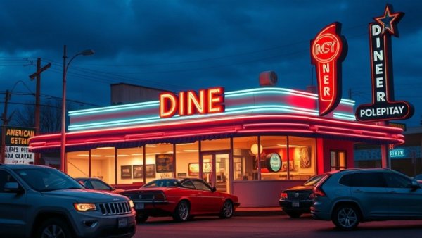 Neon-lit American diner in New Jersey with cars at dusk.