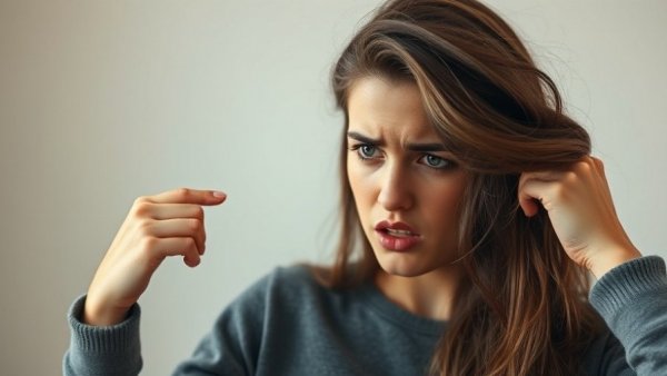 Frustrated woman examines hair, protect and repair your dry hair