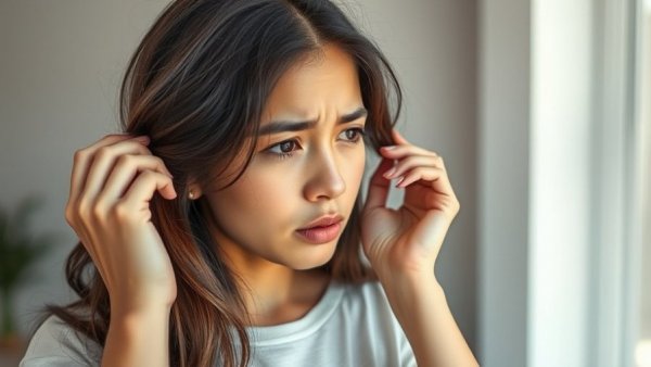 Woman examining dry hair for damage and repair.