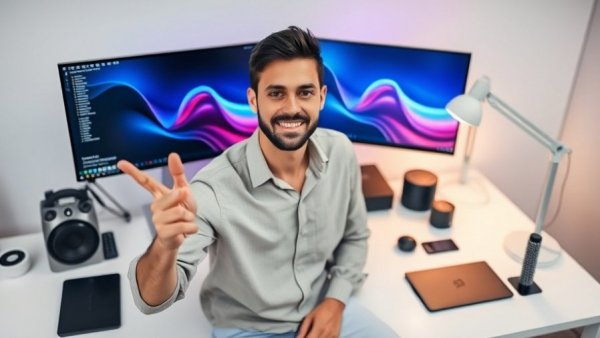 Modern tech enthusiast workspace with dual monitors and gear.