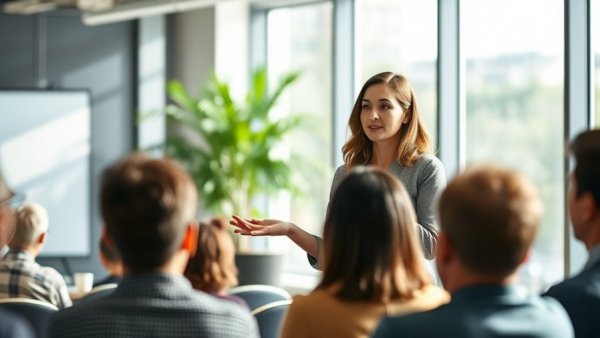 Confident woman demonstrating public speaking skills in a business setting.
