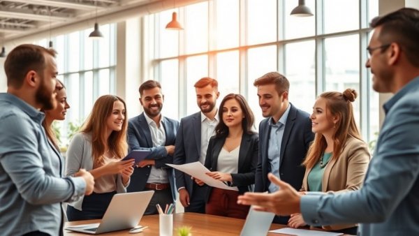 Team collaborating in modern office on building a sales process.