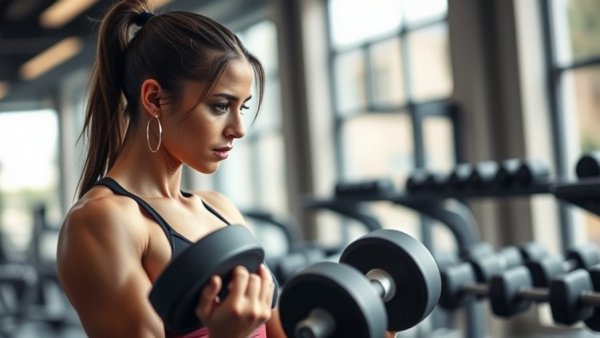 Fit woman practicing strength training habits with dumbbells in gym.