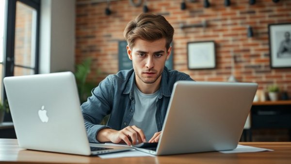 Focused young adult managing finances at home, potential buyer reflection.