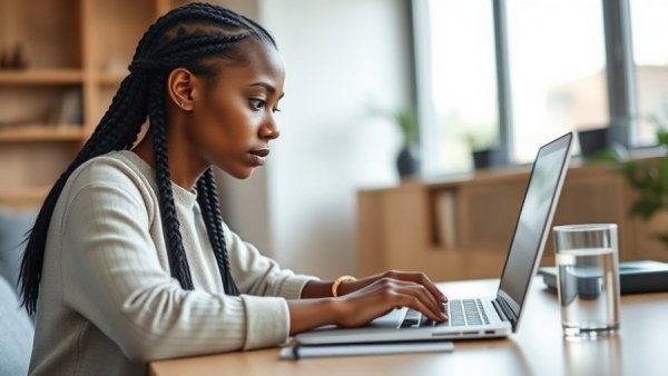 Young woman blogging in a modern office with wooden accents.