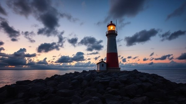 Dusk view of a lighthouse on a rocky shore in Hancock, Michigan.
