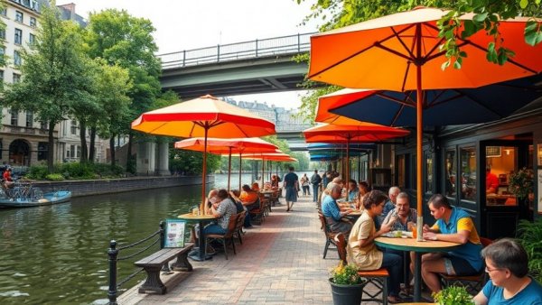 Riverside cafe with colorful umbrellas, relaxing spring vibe
