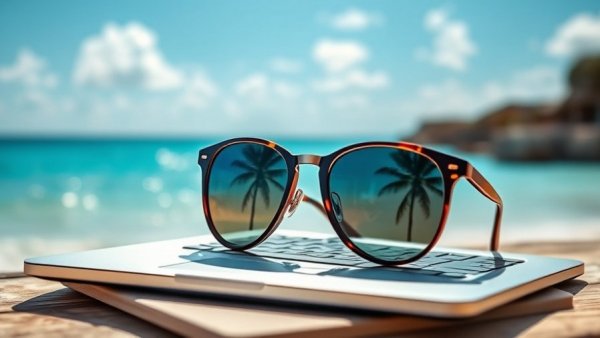 Sunglasses on laptop capturing tropical reflections, great for digital nomads.