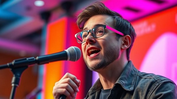 Casual panel discussion at event with vibrant background.