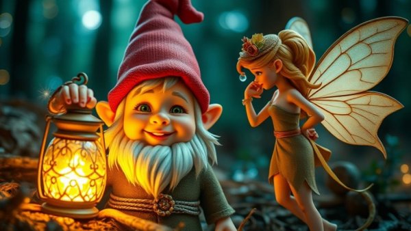 Enchanting gnome and fairy in a mystical forest with glowing lantern