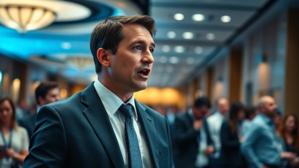 Professional man discussing hybrid infrastructure in healthcare innovation at conference.