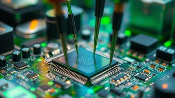 Microchip testing in AI photonics suite with precise probes.