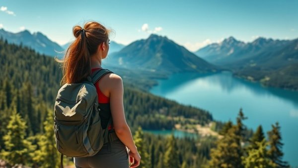 Hiker with backpack by lake; altitude sickness prevention tips.