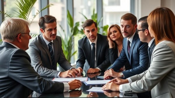 Business team discussing effective conflict resolution strategies in an office.
