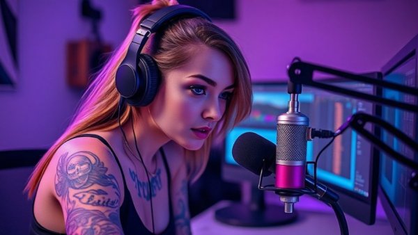 AI podcasting tool setup with creator at desk in vibrant lighting.