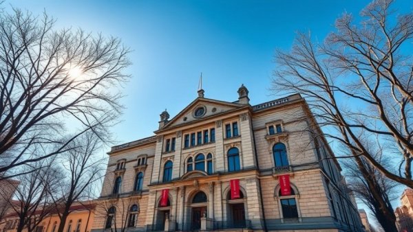 Historic site to visit in Quebec, elegant building with red banners.