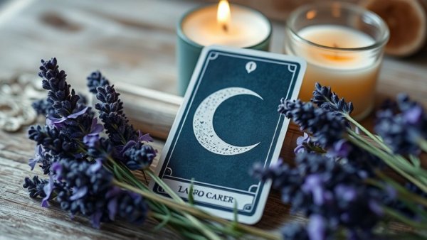 Mystical items with lavender and tarot card at Austin Paranormal Festival.