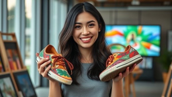 Creative booth with art supplies and painted shoes indoors, AI tools for artists.