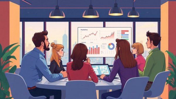 Diverse team discussing data analysis at a business meeting.