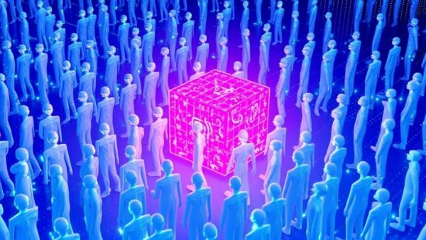 Holographic figures with AI cube on a blue background, representing an affordable AI platform for small businesses.